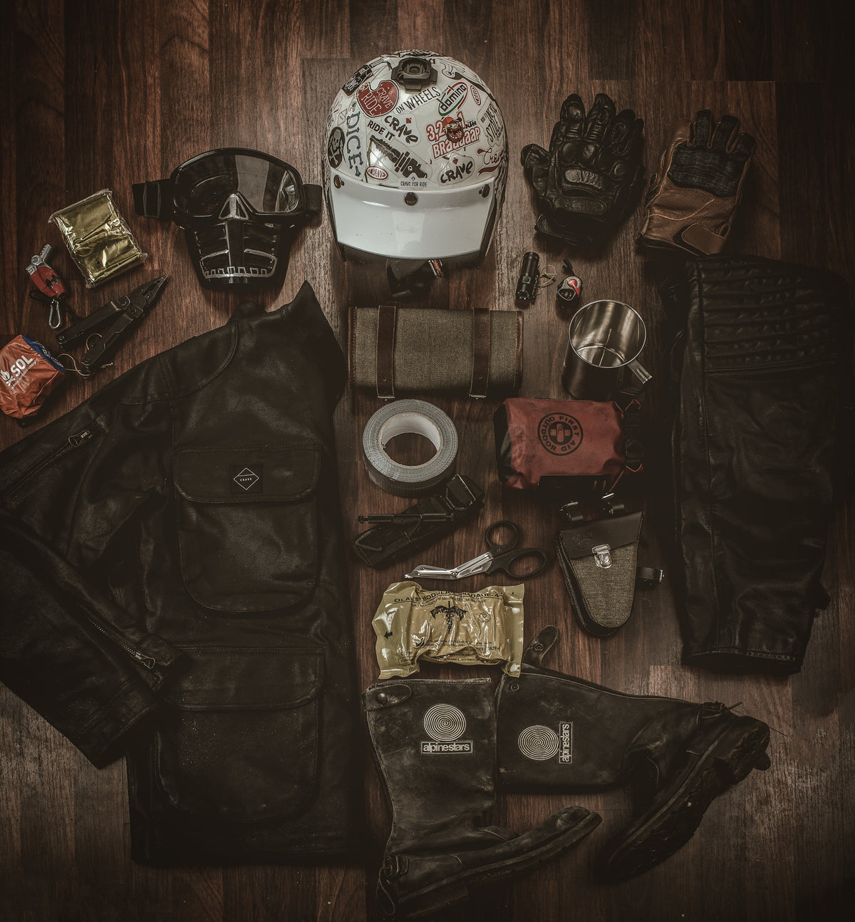 Crave for Ride waxed motorcycle jacket, motorcycle tool roll, frame bag, motorcycle pants and other motorcycle gear